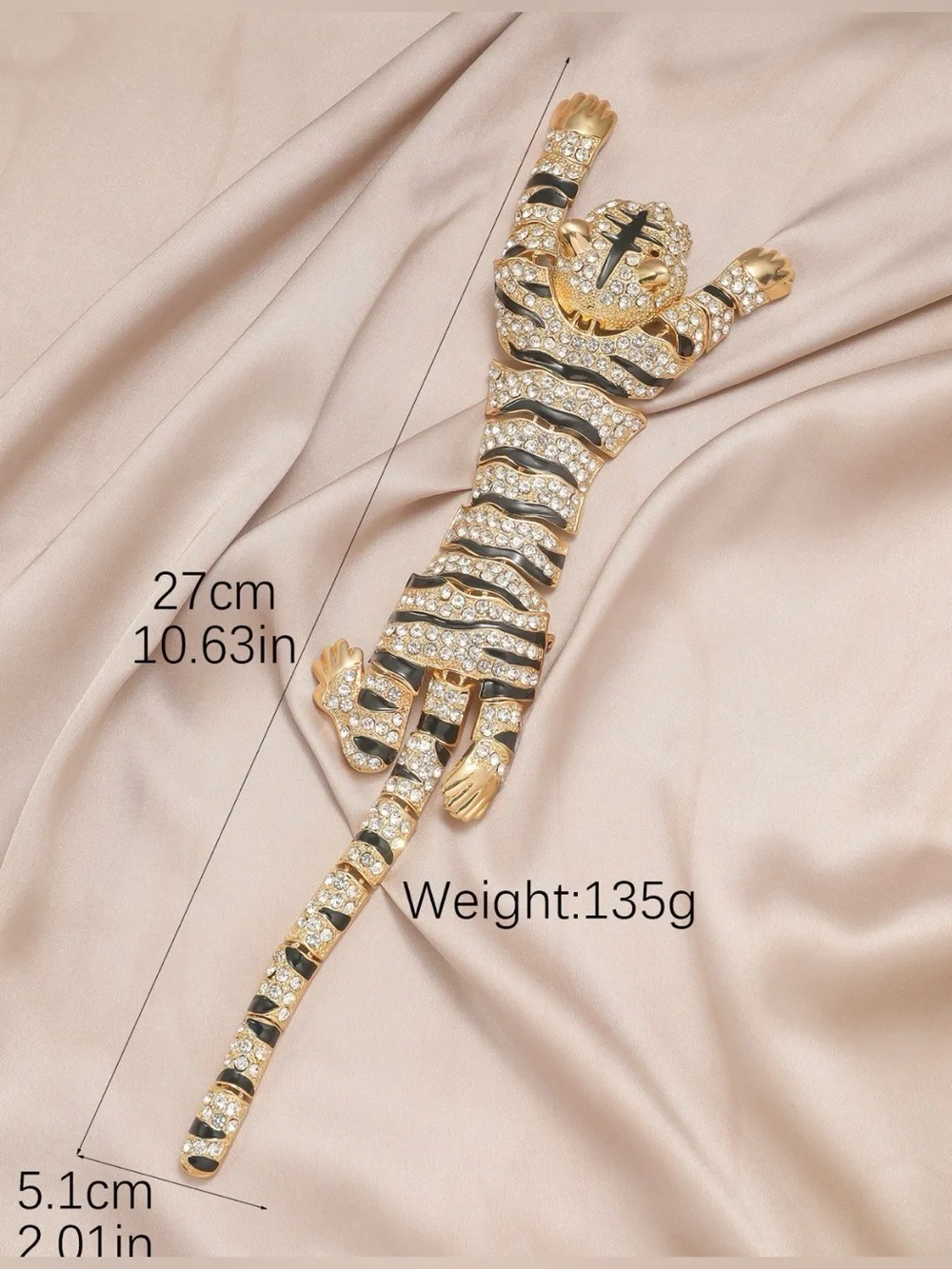 Oversized Crystal Tiger Brooch Pin – Gold Tone Black Enamel Rhinestone